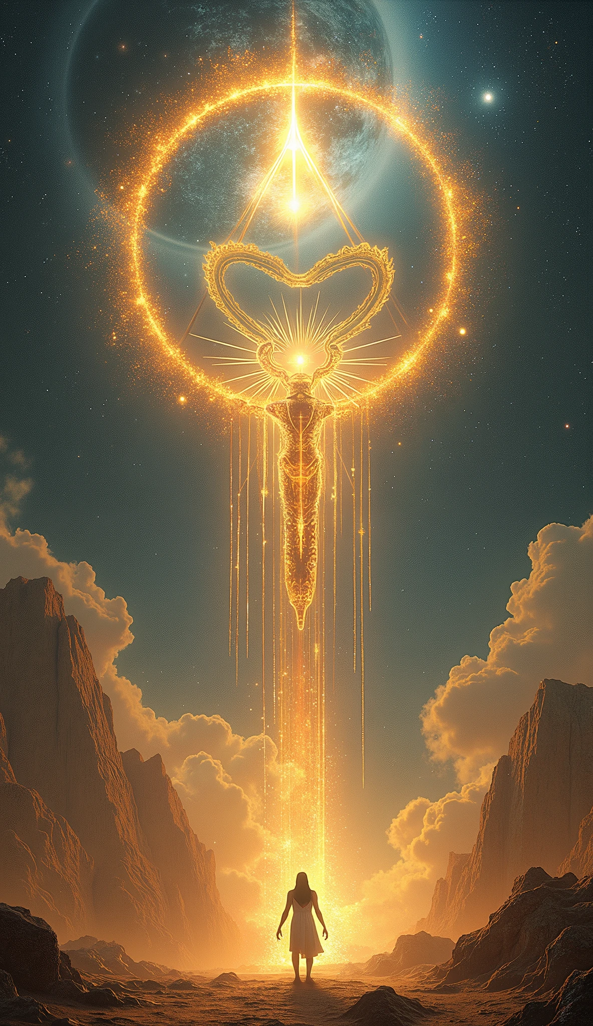 Create an ultra-realistic image representing the creation of the world by Atum, with Atum emerging from primordial chaos and creating Shu and Tefnut. Show the separation of the sky and earth with vibrant details, including the depiction of cosmic elements and deities in action.
