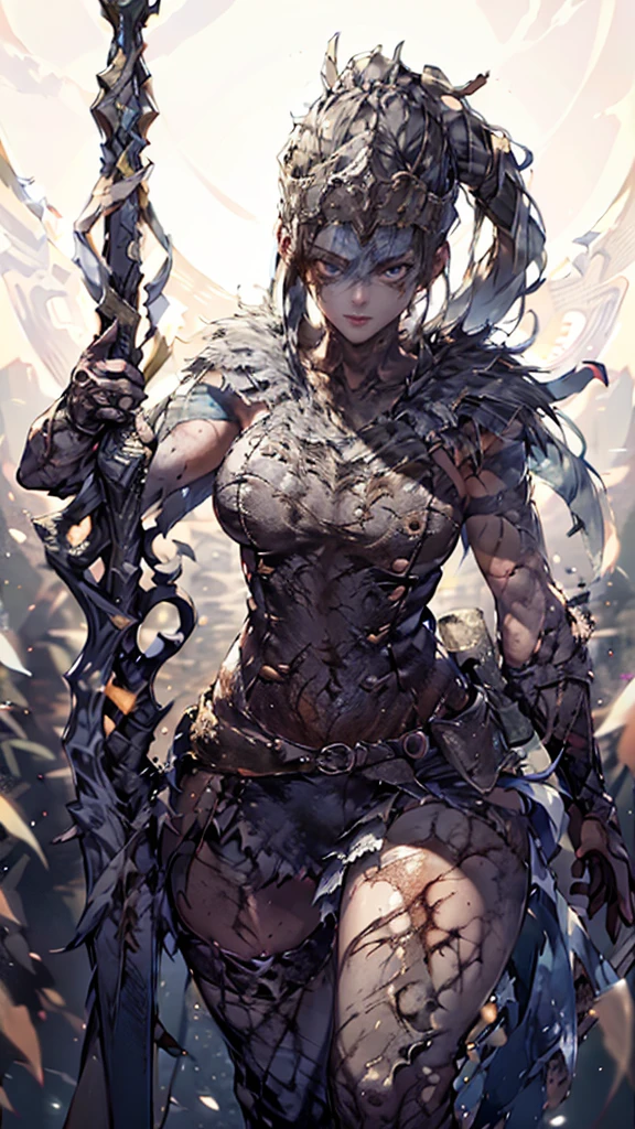 Senua from hellblade, 1girl, holding glowing sword, sword fighting poses, wide angle, damaged leather clothing, thigh cutout, forehead and eyes painted dark blue, determined expression, 16k, best quality, detailed face, beautiful blue eyes, best hands, perfect hands, unreal engine rendering style, award winning digital art, darkly atmospheric lighting 