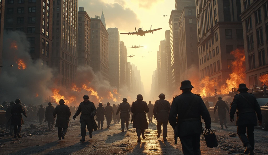 1945; (masterpiece, best quality) destroyed city (New York); war planes flying over the city; people running through the streets, in the background