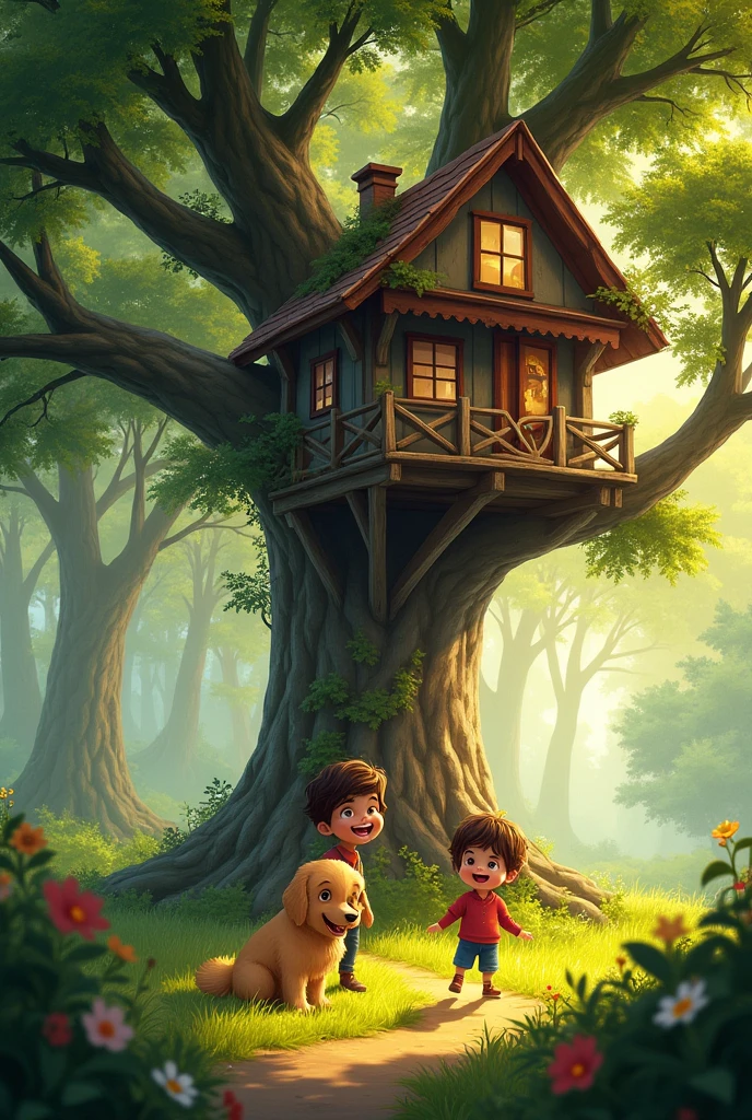 One summer afternoon, Lila a  girl  and Max  boy were playing in the woods with Ollie golden hair dog behind their house. The sunlight streamed through the trees, casting playful shadows on the ground. As they ventured deeper into the forest, they stumbled upon a massive oak tree with an old, weathered treehouse nestled in its branches.
