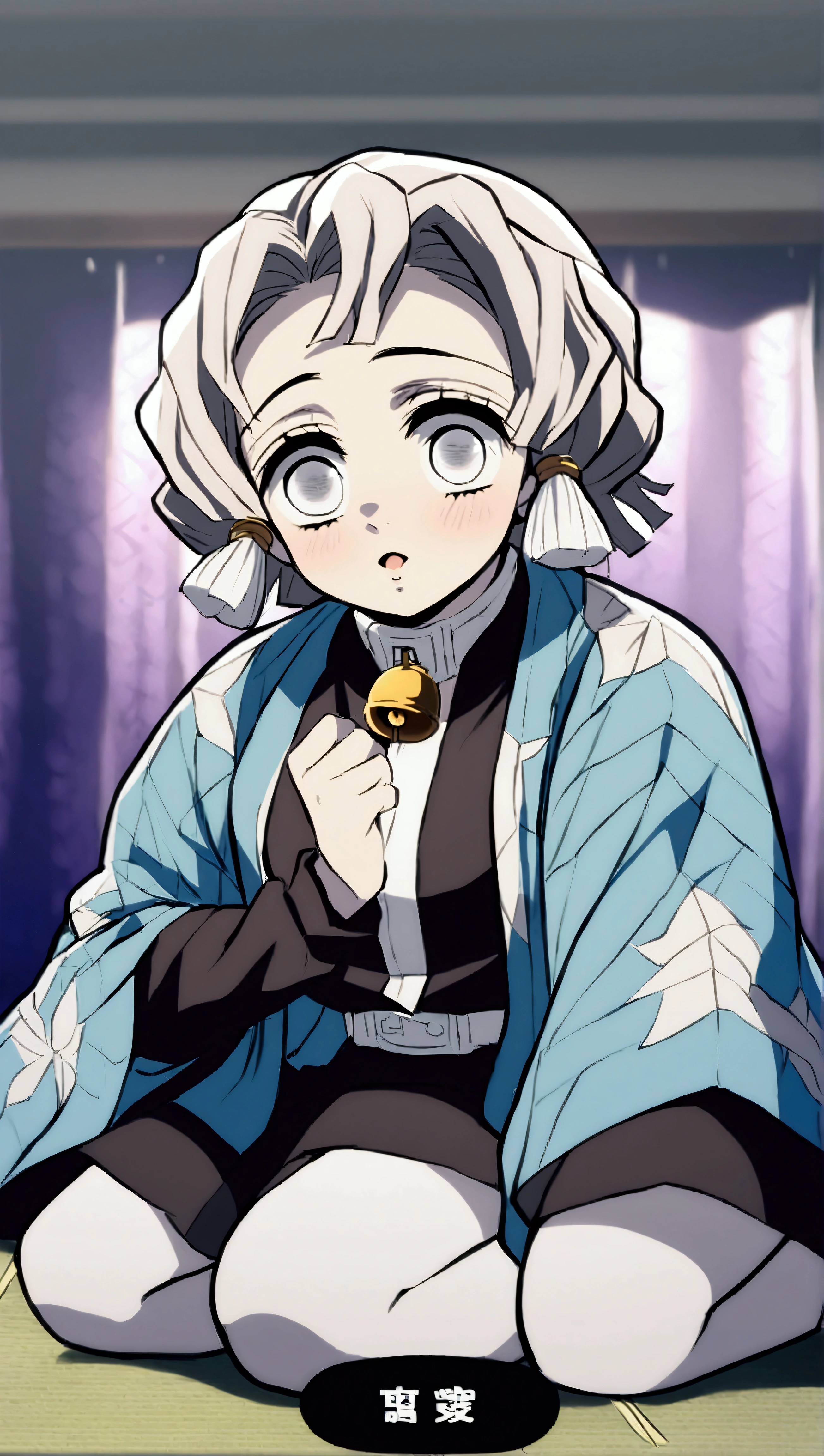 estilo kimetsu no yaiba, tomboy girl kneeling on tatami, very short gray hair, white left eye, black right eye, nostalgic expression, Pale skin, demon hunter, Cream-colored haori with white pompoms on the tips of the sleeves, hairy on the neck, bell on the neck