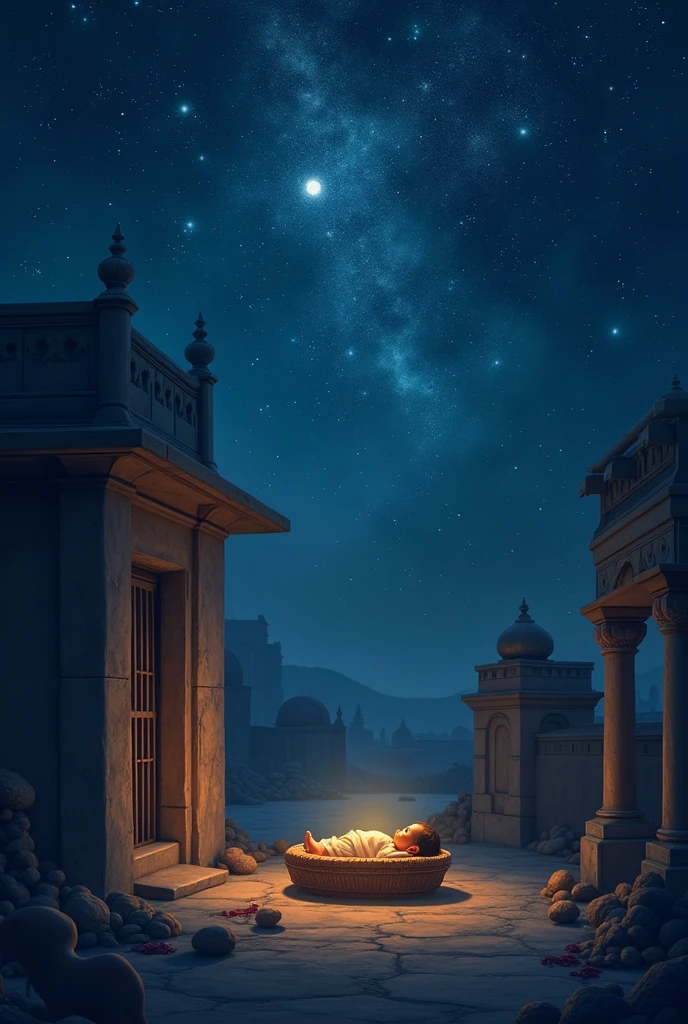 A serene night scene in ancient India where the moon shines brightly, and the alignment of the stars indicates the birth of Lord Krishna and he born in jail 
under the Rohini Nakshatra, with the significance of the Brahma Purana reflected.