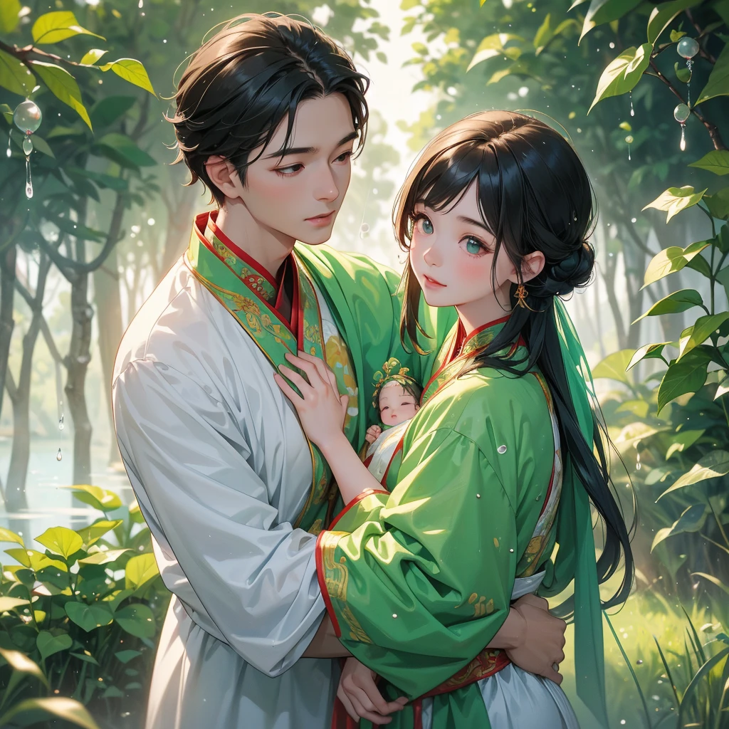 A one-year-old baby boy in an ancient Chinese baby costume with his beautiful mother, dressed in an white ancient Chinese costume, playing with each other, with his handsome father standing next to his mother, close up.
Background is trees, vegetables, lush green, with water drops after rain, with water droplets everywhere, green