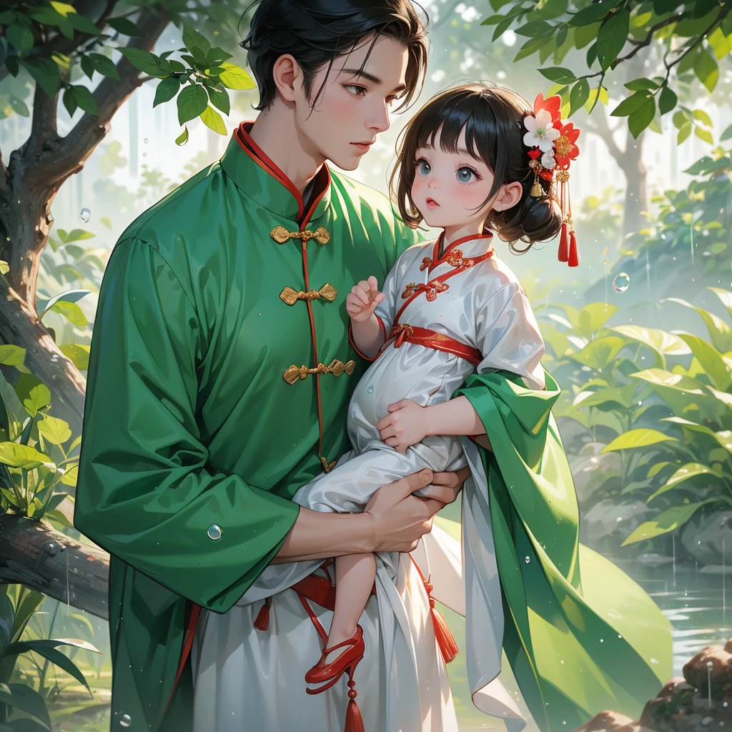 A -yead bab an ancient Chinese baby costume wiis beautiful mother, dressed in an white ancient Chinese costume, playing with each other, with his handsome father standing next to his mother, close up.

Background is trees, vegetables, lush green, with water drops after rain, with water droplets everywhere, green