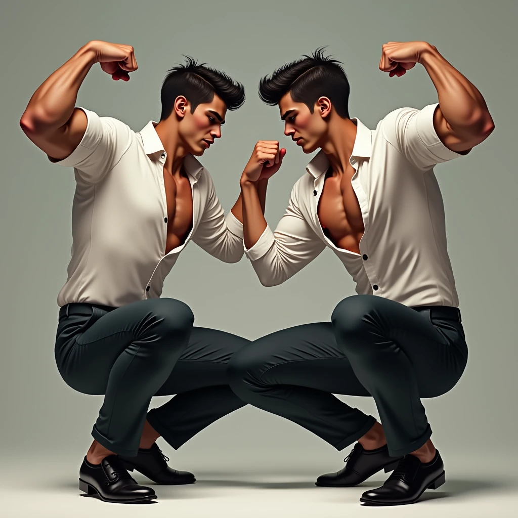 two 1 SKINNY boy, wearing white button up longsleeve shirt and suit pants , SQUATTING DOWN, FLEXING BICEPS. He's sweaty and has volluminous bulge, showing off armpits