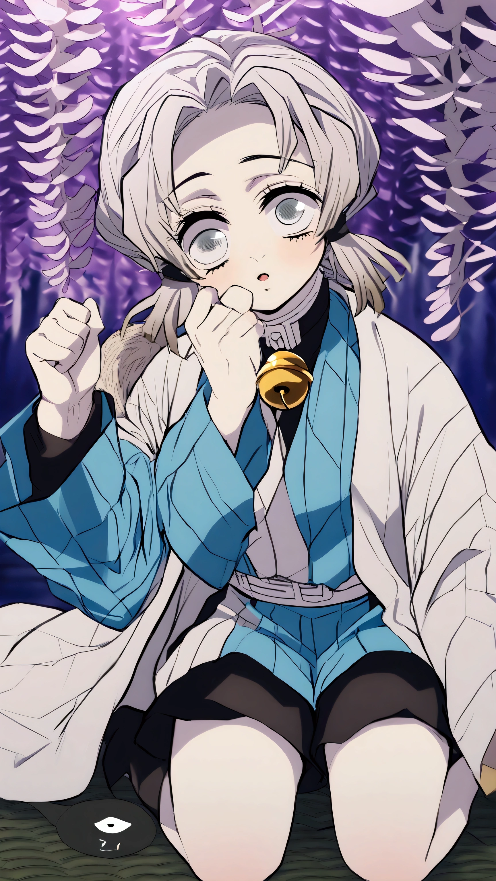 estilo kimetsu no yaiba, tomboy girl kneeling on tatami, very short gray hair, white left eye, black right eye, nostalgic expression, Pale skin, demon hunter, Cream-colored haori with white pompoms on the tips of the sleeves, hairy on the neck, bell on the neck