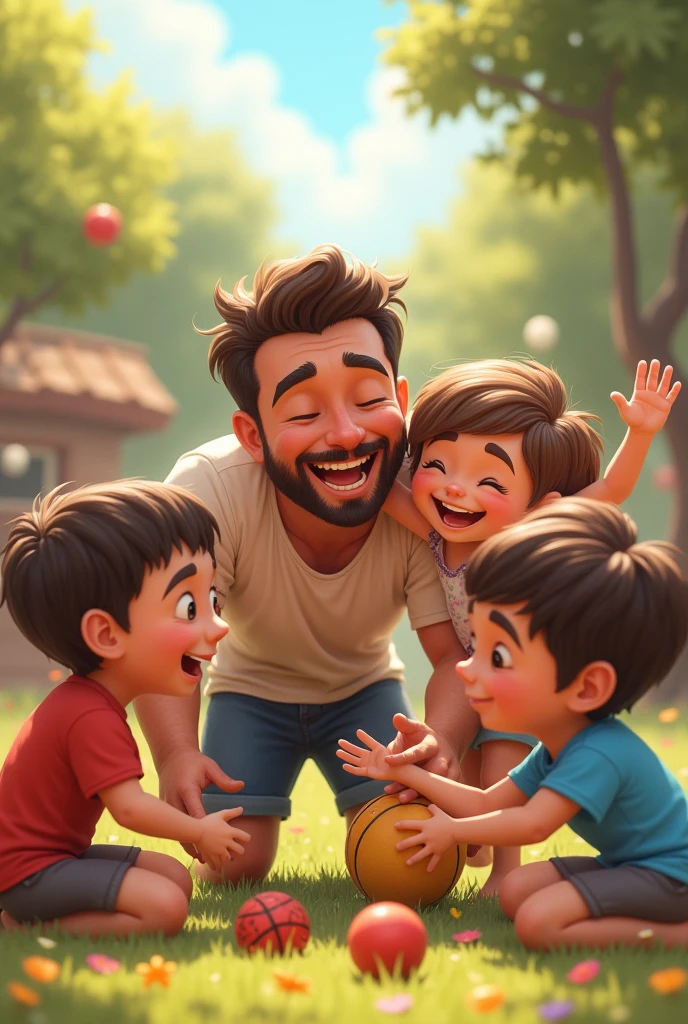 "Create a heartwarming image depicting a father joyfully playing with his family. Show the father engaged in a fun and active activity with his children and possibly their mother. The scene can take place in a lively, outdoor setting such as a park or backyard, or in a cozy indoor environment like a living room. The family should be depicted laughing, playing games, or enjoying a shared activity, with the father at the center, interacting lovingly with his children. Use bright, cheerful colors and natural lighting to convey a sense of happiness and togetherness. Ensure the expressions of all family members reflect joy and bonding, capturing the warmth and connection of family time."


