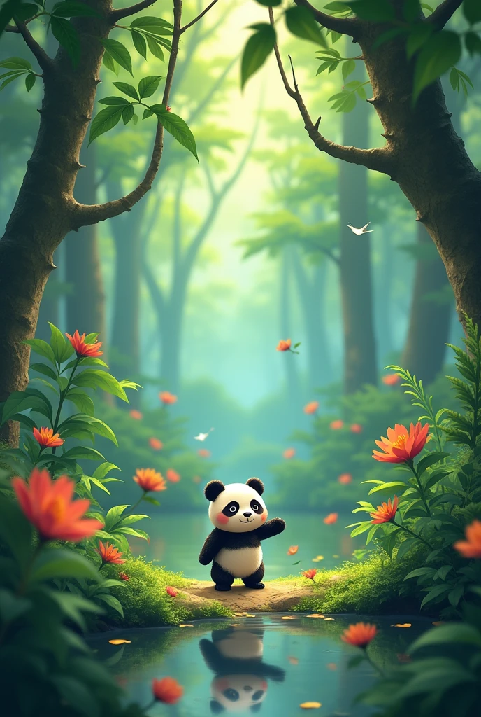 A dense forest where the birds are chirping, the leaves of the trees are gently swaying in the breeze. In the middle of the forest is a small pond, near which a little panda, Popo, is playing.