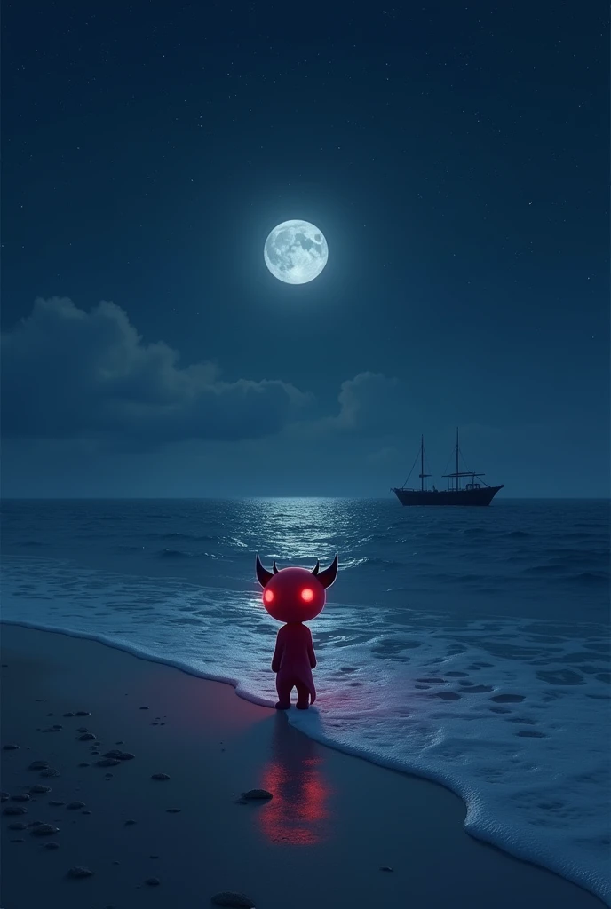 Under the dark, starry sky of a peaceful beach night, a cute red devil stands alone at the edge of the shore, gazing out at a small boat floating in the middle of the vast ocean. The devil, with tiny horns and glowing red eyes, looks longingly at the boat, its small figure illuminated by the soft, silvery light of the moon. The gentle waves lap at its feet, creating a serene yet melancholic atmosphere. The sea stretches endlessly into the horizon, with the boat appearing as a distant silhouette against the deep blue waters. The scene is depicted in hyper-realistic, ultra HD quality, with the night’s cool tones and the gentle reflections on the water captured in stunning detail."