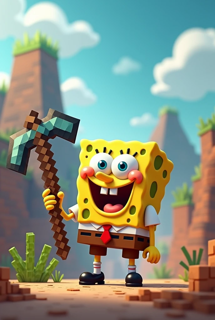 SpongeBob carrying a Minecraft pickaxe and have animated blocks and hills in the background and don't blue the background too much