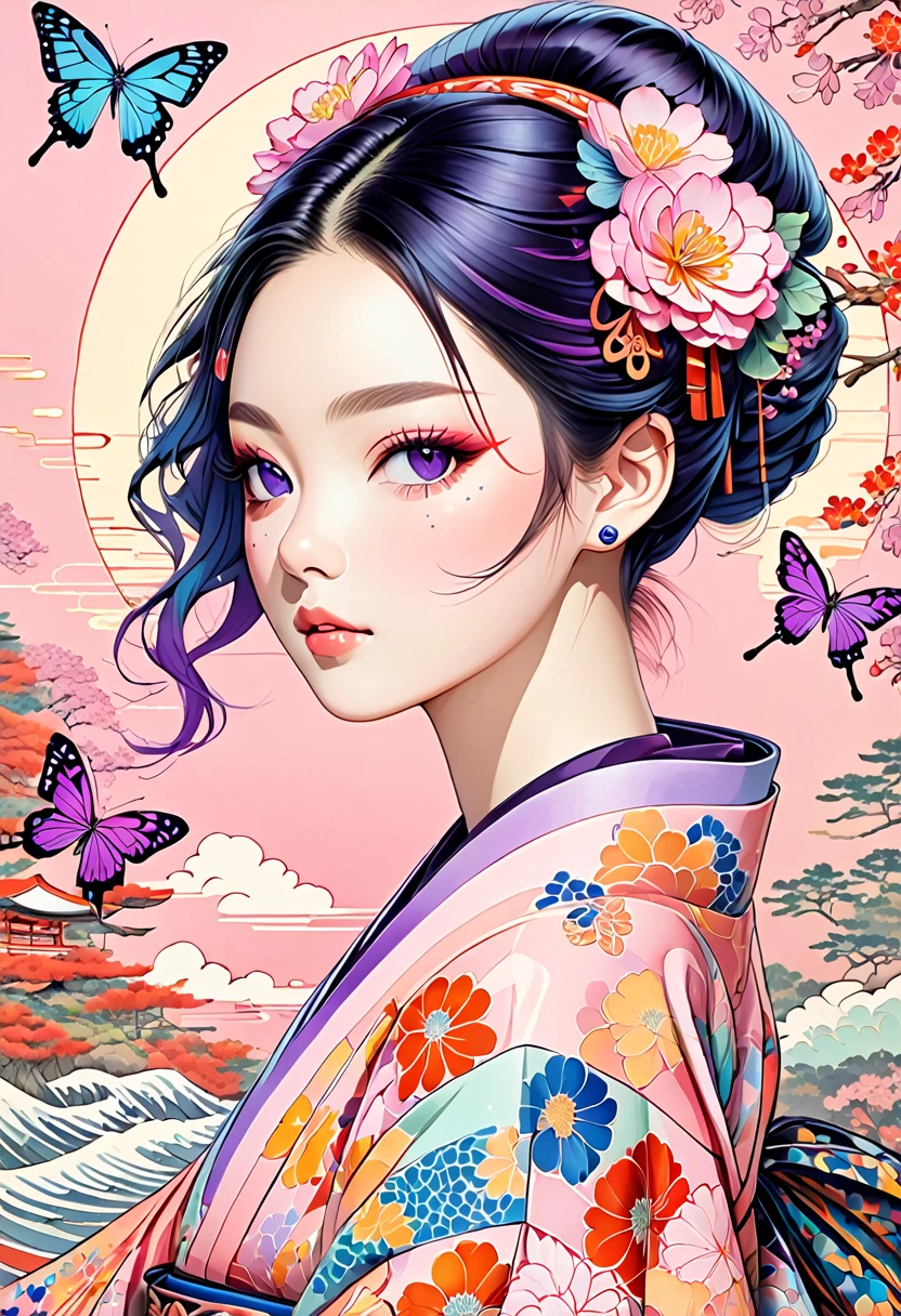 A mesmerizing surreal illustration of a young japanese woman resembling Shinobu Kouchou. She has black hair, purple eyes, a butterfly hair ornament, and wears a vibrant pastel colored outfit adorned with intricate floral patterns. Freckles dot her smooth, warm complexion, and bold, colorful tattoos cover her arms and legs. The tattoos feature traditional Japanese motifs like flowers and mythical creatures, rendered with meticulous detail in a pastel color palette. The background is a vintage floral-patterned wallpaper that complements the artwork's colors. The line work is precise, with delicate shading that gives the illustration a 3D quality. The artwork fuses modern illustration techniques with traditional Japanese aesthetics, resulting in a visually striking, portrait,