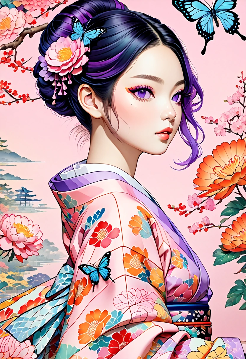 A mesmerizing surreal illustration of a young japanese woman resembling Shinobu Kouchou. She has black hair, purple eyes, a butterfly hair ornament, and wears a vibrant pastel colored outfit adorned with intricate floral patterns. Freckles dot her smooth, warm complexion, and bold, colorful tattoos cover her arms and legs. The tattoos feature traditional Japanese motifs like flowers and mythical creatures, rendered with meticulous detail in a pastel color palette. The background is a vintage floral-patterned wallpaper that complements the artwork's colors. The line work is precise, with delicate shading that gives the illustration a 3D quality. The artwork fuses modern illustration techniques with traditional Japanese aesthetics, resulting in a visually striking, portrait,