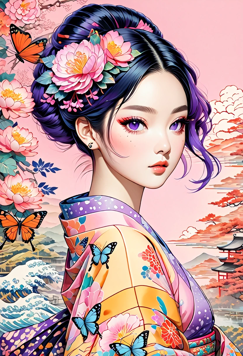 A mesmerizing surreal illustration of a young japanese woman resembling Shinobu Kouchou. She has black hair, purple eyes, a butterfly hair ornament, and wears a vibrant pastel colored outfit adorned with intricate floral patterns. Freckles dot her smooth, warm complexion, and bold, colorful tattoos cover her arms and legs. The tattoos feature traditional Japanese motifs like flowers and mythical creatures, rendered with meticulous detail in a pastel color palette. The background is a vintage floral-patterned wallpaper that complements the artwork's colors. The line work is precise, with delicate shading that gives the illustration a 3D quality. The artwork fuses modern illustration techniques with traditional Japanese aesthetics, resulting in a visually striking, portrait,