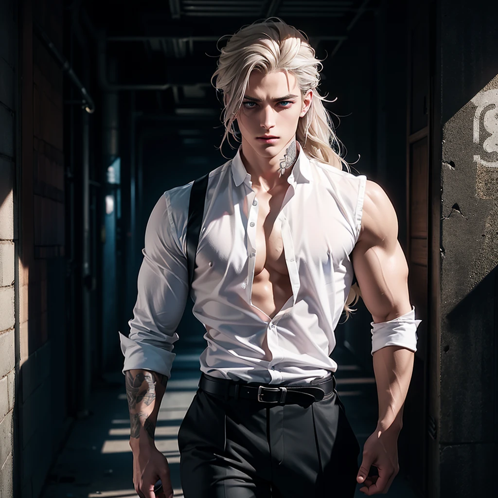 Create an attractive boy with a long hair style that falls waves and is messy, Her hair is silver blonde, He has bright blue eyes with a penetrating gaze, with a small mole under his lip, Your facial expression should convey a sad personality.. 

with high, broad shoulders that accentuate her slim body with many tattoos on her arms and large breasts. His skin has a pale color., adding an ethereal and mysterious quality to your overall appearance. The character radiates a quiet Courage, suggesting strength beneath the melancholic exterior.

He is wearing a tight white shirt, with black formal pants and a black belt. 

The background must be an abandoned alley, while smoke comes out of his mouth. . 

Feel free to play with composition and lighting to evoke a feeling of solitude., Courage, and introspection in this captivating character, as long as it is the night environment. 
