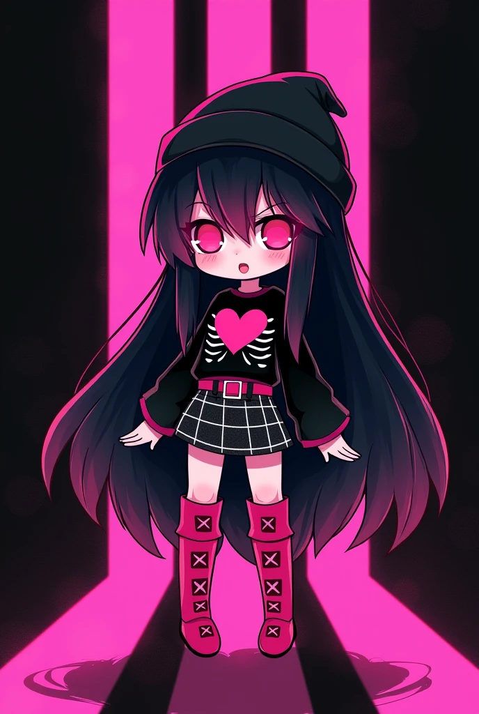 You can create an image of a chibby scene character who wears black hair spread out to her hips and wears hot pink bangs that cover her eyes with black stripes on the bangs, Her skin is normal and she wears hot pink knee-high boots with a dove skirt., a hot pink belt with black and hot pink squares, a shirt with sleeves cut from the shoulders to the hands and a black shirt with a picture of ribs and a bright pink heart, She wears an ushanka and her expression is frightened and a black background with hot pink stripes