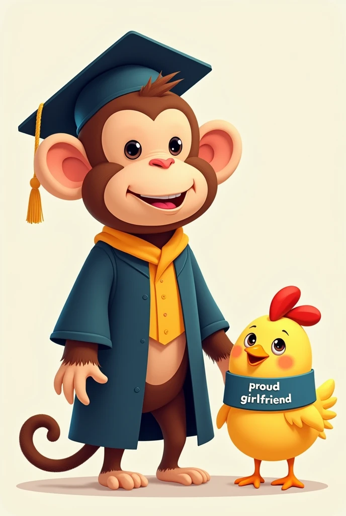 graduated monkey next to a little chicken with a band in the body that says proud girlfriend