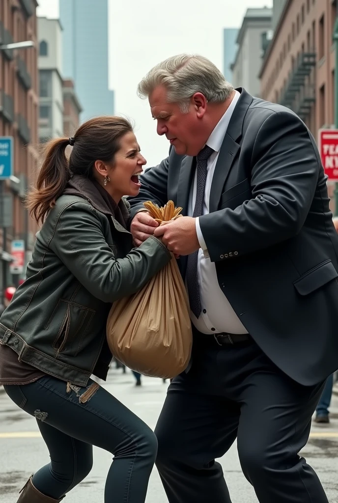 image of Doug Ford mayor of Toronto stealing food from a homeless woman. Toronto in the background. Doug Ford is obese. the homeless woman looks angry and is fighting to get her food back. she is pulling at the bag of groceries that Doug Ford is holding. Doug Ford has light grey-blonde hair that is slicked back and he is wearing a mayor suit. The homeless woman is wearing torn clothes and she looks dirty. The homeless woman is leaning back trying to pull her groceries away from Doug Ford. Doug Ford's hair is thinning and not dark, his hair is blonde but mostly grey