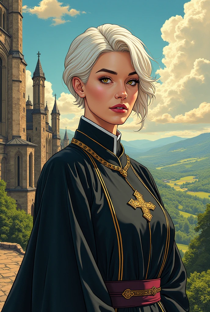 traditional comic art. d&d, clergywoman, White hair, shorth hair