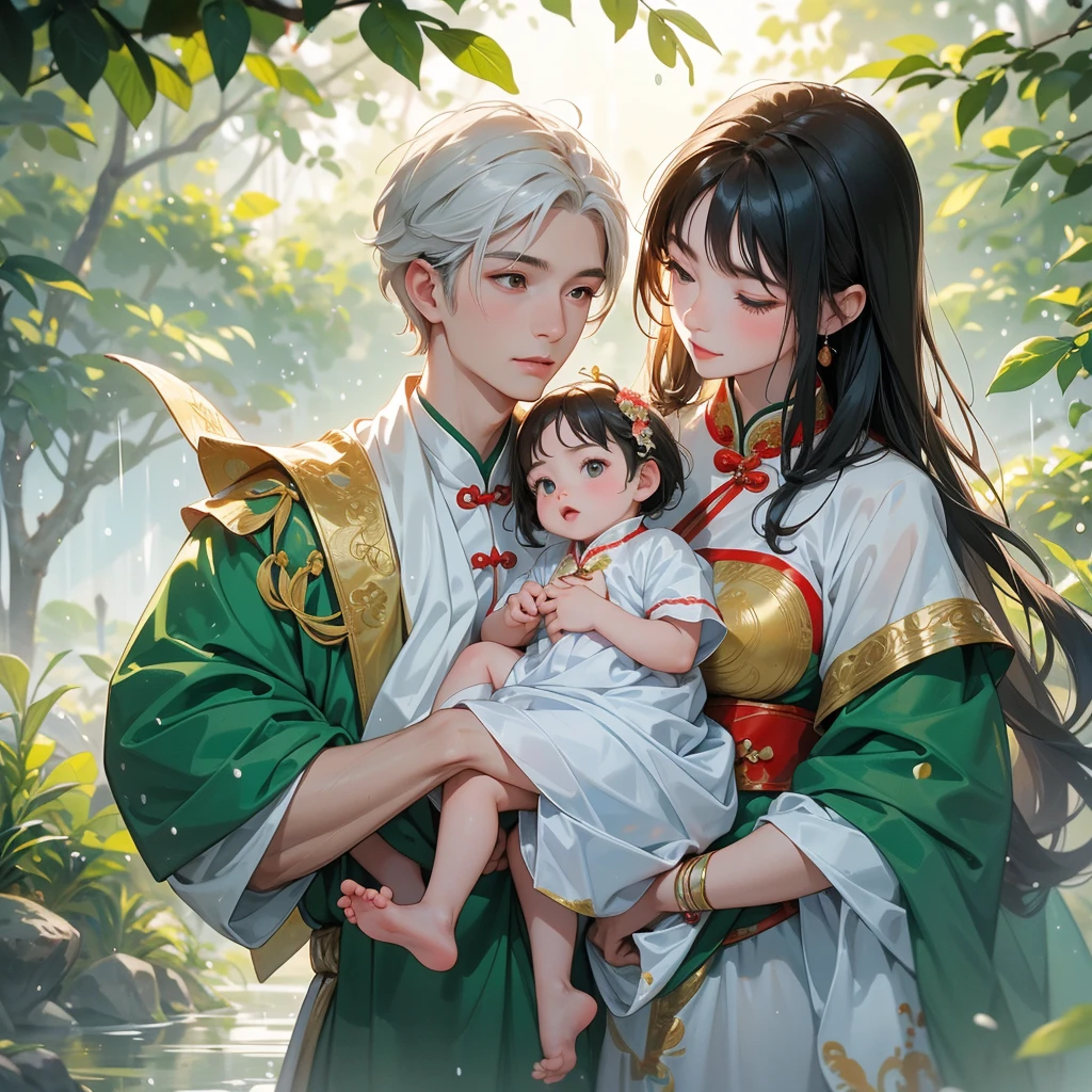 A one-year-old baby boy in an ancient Chinese baby costume with his beautiful mother, dressed in an white ancient Chinese costume, playing with each other, with his handsome father standing next to his mother, close up.

Background is trees, vegetables, lush green, with water drops after rain, with water droplets everywhere, green