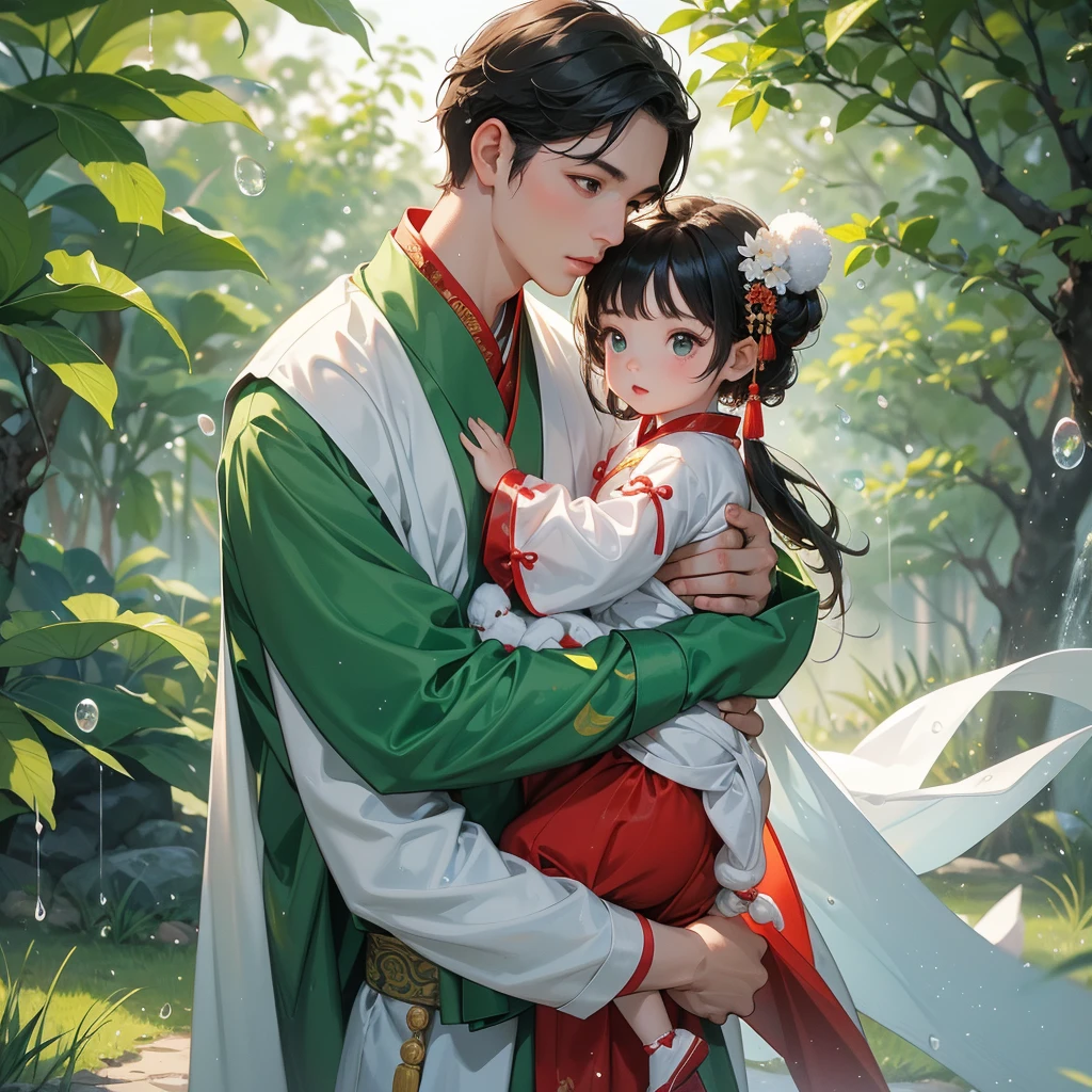 A one-year-old baby boy in an ancient Chinese baby costume with his beautiful mother, dressed in an white ancient Chinese costume, playing with each other, with his handsome father standing next to his mother, close up.

Background is trees, vegetables, lush green, with water drops after rain, with water droplets everywhere, green