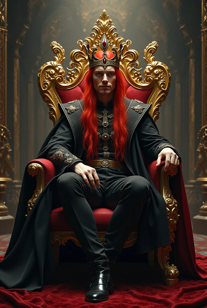 Create a handsome king of hell with long red hair sitting on his throne with a golden crown
