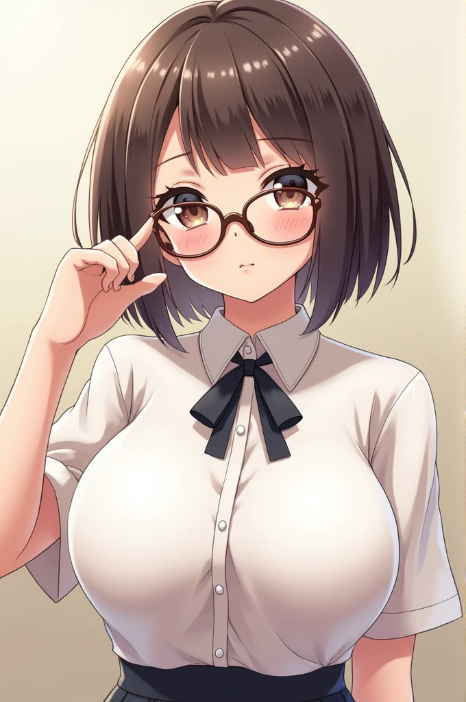 aokiyuriko, aoki yuriko, short hair, Brown Hair, bangs, (Yellow Eyes:1.5), Glasses,
break skirt, shirt, Short sleeve, pantyhose, black pantyhose, Frills,
break looking at viewer, 
break indoors,
break (masterpiece:1.2), Highest quality, High resolution, unity 8k wallpaper, (figure:0.8), (Beautiful attention to detail:1.6), Highly detailed face, Perfect lighting, Highly detailed CG, (Perfect hands, Perfect Anatomy),Nipples are visible