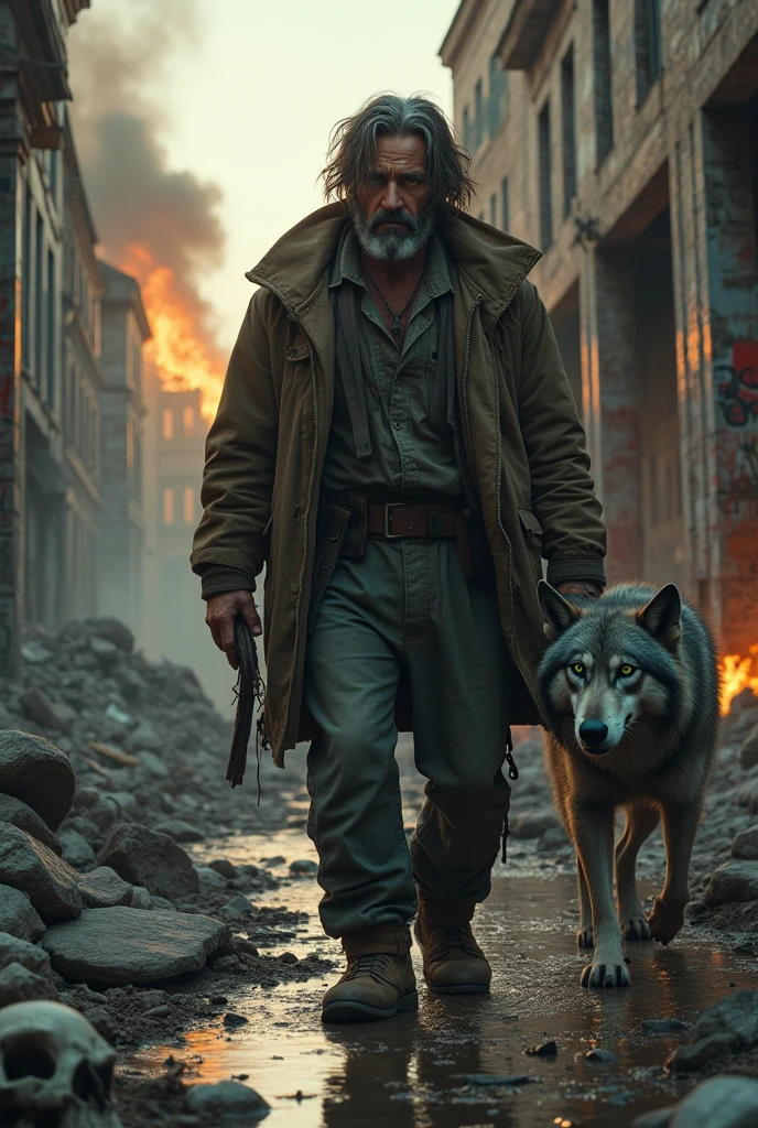 Bearded mountain man with green, kind eyes, expressing the sentiment of being a stranger in his own town, accompanied by a loyal gray wolf, exploring the war-torn ruins of an old city, evoking sadness and the end of civilization, sunset casting dramatic lighting on the burning buildings behind, rats scurrying around puddles, graffiti-adorned walls, broken bottles, and strewn papers, a solitary skull visible on the ground, 3D effect ultra-detailed intricate insanely full HD, golden ratio, volumetric modeling, spotlight embroidery, accents, intense gaze, digital painting cinematic film light, the saddest night,