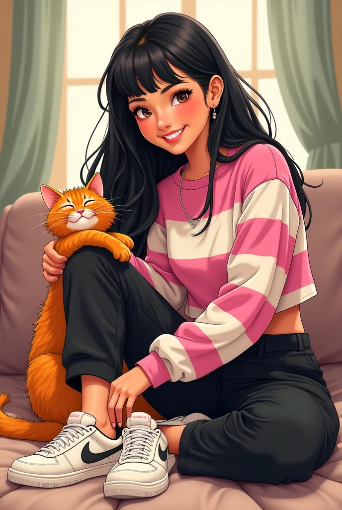 drawing of a person sitting wearing a pink and white striped crop top sweater, loose black pants with white Nike tennis shoes, long black hair, fringe, honey brown eyes, smiling and accompanied by a furry orange cat.