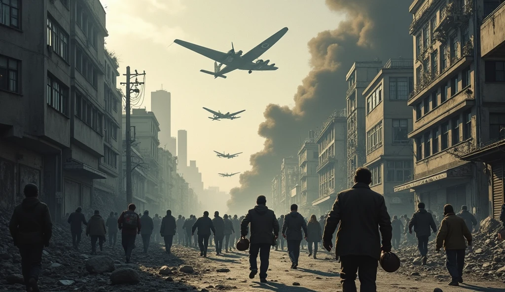 1945; (masterpiece, best quality) destroyed city (Tokyo); war planes flying over the city; people running through the streets, in the background
