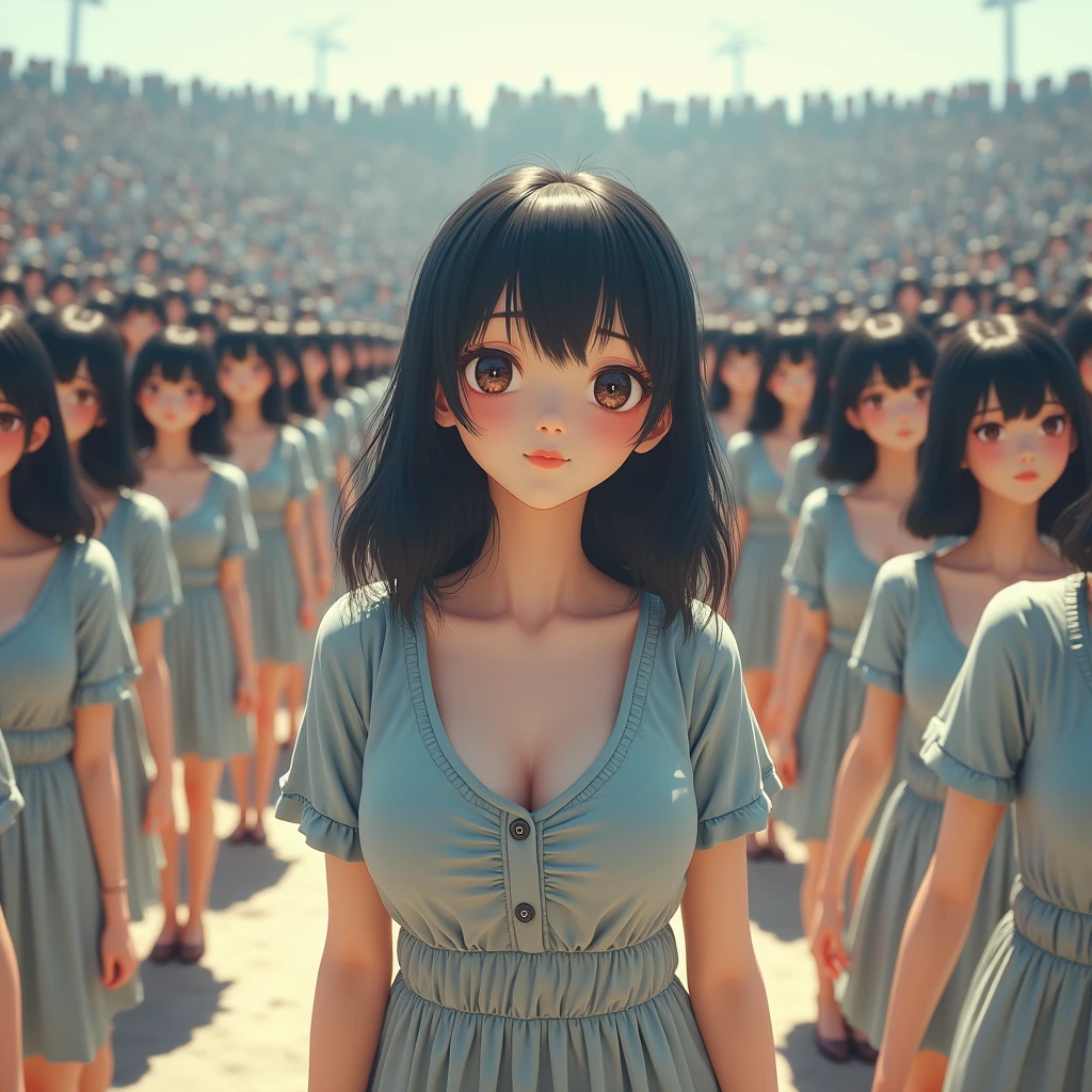 (((((Japanese Clone girls=Myself)))))), (((Best Super High quality Myself Clone girls Raw Photography Art))), (16K, Highest quality, Ultra-high resolution, RAW Photos), (((It's so unrealistic., With unparalleled depiction, With an unfathomable sight, An unprecedented and shocking worldview, Clone girls in a world of mass reproduction, Ultra-realistic))), (((Japanese, woman, 20yo, Saito-Asuka))), (Small face, ((Thick black hair, Semi-long hair))), ((V-neck short-sleeve dress)), (((((Very detailed美しい女体, Accurate body structure, Very detailed完璧な, Super busty body with very large breasts, Clearly emphasizes cleavage))))), (((Dark Eyes, Mature face, Cute Smile, A gentle gaze))), (((Her happy and smiling expression is so cute))), ((((((((Very detailed分身増殖描写, ((1girl→Myself cloning→1,000,000,000,000,000,000,000,000,000,000,000,000,000,000,000,000,000,000,000,000Myself Clone girls)))))))))), ((((((((Very detailed, The precise depiction of the proliferation of Myself Clone girls, ((With the perfectly identical bodies of Myself clone girls, With the exact same face as the Myself clone girls, With the exact same hairstyle as the Myself clone girls, In the exact same clothes as the girls who are my clones, Perfectly the same height as the Myself clone girls, Super big breasts, just like the Myself clone girls)))))))))), (((Myself clone girls only))), (((Multiple pairs, Very detailed depiction, (Myself clone girls hug each other, Myself clone girls assemble, Fun conversations with fellow Myself clone girls, A fun conversation between Myself clone girls, Myself clone girls holding hands, Walking with lots of Myself clone girls)))), (((Everyone looks at the camera))), (((Unbelievably crowded, Transcendent Myself clone girls intimately, Countless Myself clone girls surround you in 360 degrees))), (Bright, soft sunlight), (((Very wide field of view, Very detailed, Detailed ultra-perspective depiction with clear depth, super wide top view))), (((((Where there is a curved slope))))), (((Very photographic and detailed depiction, Myself clone girls will multiply infinitely and fill the surroundings from one side to the horizon with their bodies tightly packed together without any gaps., A scene of endless Myself clone girls and a fun atmosphere))), (Focus on the average value of the image)