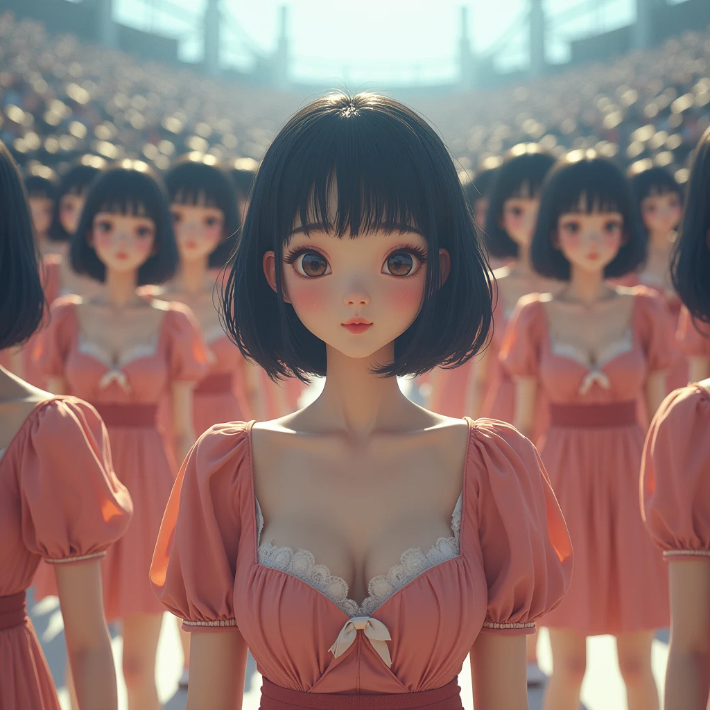 (((((Japanese Clone girls=Myself)))))), (((Best Super High quality Myself Clone girls Raw Photography Art))), (16K, Highest quality, Ultra-high resolution, RAW Photos), (((It's so unrealistic., With unparalleled depiction, With an unfathomable sight, An unprecedented and shocking worldview, Clone girls in a world of mass reproduction, Ultra-realistic))), (((Japanese, woman, 20yo, Saito-Asuka))), (Small face, ((Thick black hair, Semi-long hair))), ((V-neck short-sleeve dress)), (((((Very detailed美しい女体, Accurate body structure, Very detailed完璧な, Super busty body with very large breasts, Clearly emphasizes cleavage))))), (((Dark Eyes, Mature face, Cute Smile, A gentle gaze))), (((Her happy and smiling expression is so cute))), ((((((((Very detailed分身増殖描写, ((1girl→Myself cloning→1,000,000,000,000,000,000,000,000,000,000,000,000,000,000,000,000,000,000,000,000Myself Clone girls)))))))))), ((((((((Very detailed, The precise depiction of the proliferation of Myself Clone girls, ((With the perfectly identical bodies of Myself clone girls, With the exact same face as the Myself clone girls, With the exact same hairstyle as the Myself clone girls, In the exact same clothes as the girls who are my clones, Perfectly the same height as the Myself clone girls, Super big breasts, just like the Myself clone girls)))))))))), (((Myself clone girls only))), (((Multiple pairs, Very detailed depiction, (Myself clone girls hug each other, Myself clone girls assemble, Fun conversations with fellow Myself clone girls, A fun conversation between Myself clone girls, Myself clone girls holding hands, Walking with lots of Myself clone girls)))), (((Everyone looks at the camera))), (((Unbelievably crowded, Transcendent Myself clone girls intimately, Countless Myself clone girls surround you in 360 degrees))), (Bright, soft sunlight), (((Very wide field of view, Very detailed, Detailed ultra-perspective depiction with clear depth, super wide top view))), (((((Where there is a curved slope))))), (((Very photographic and detailed depiction, Myself clone girls will multiply infinitely and fill the surroundings from one side to the horizon with their bodies tightly packed together without any gaps., A scene of endless Myself clone girls and a fun atmosphere))), (Focus on the average value of the image)