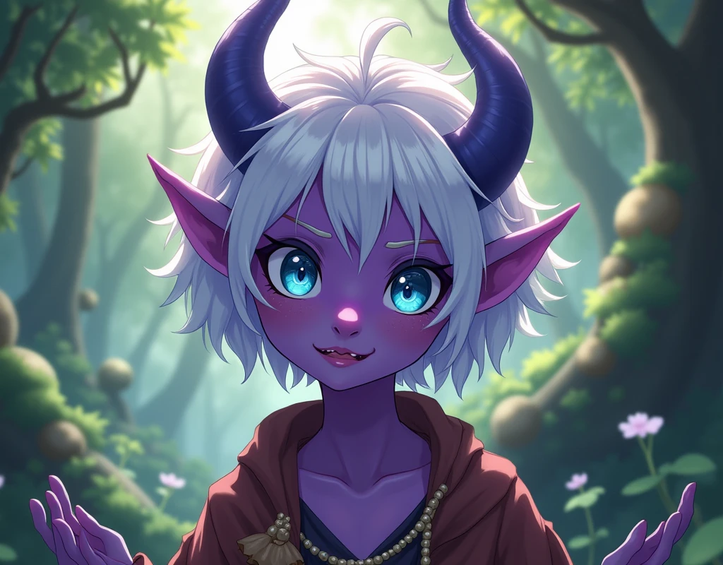 a character with anime features with purple skin, cyan eyes, short white hair pulled to lilac, horns coming out of the forehead like an oni, around your right eye there is a mark of a lighter color than your skin, it should measure 2cm by 2cm, friendly face, forest druid clothes