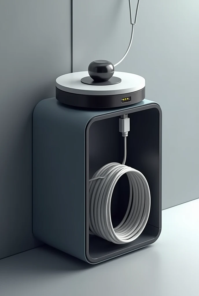 Inside the charging cable storage box, on top there is a rotating plate with a motor and on the bottom is a circle with a charging cable storage coil.