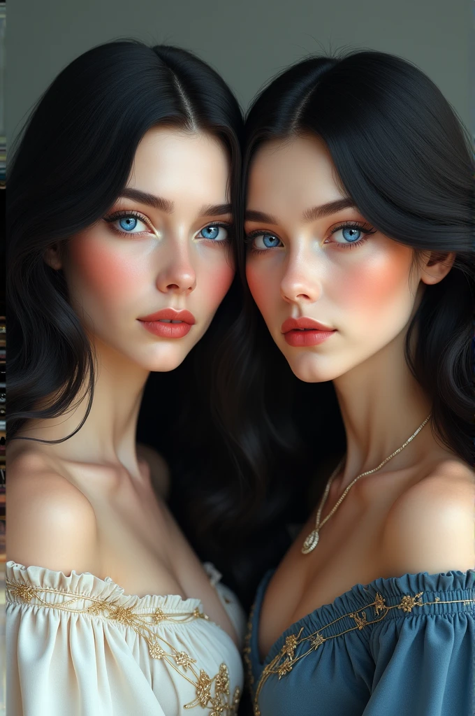 Twin sisters of , skin fair, Royal blue eyes, black hair one long and the other short