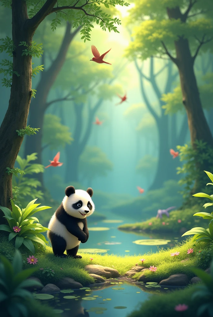 A dense forest where the birds are chirping, the leaves of the trees are gently swaying in the breeze. In the middle of the forest is a small pond, near which a little panda, Popo, is playing.
