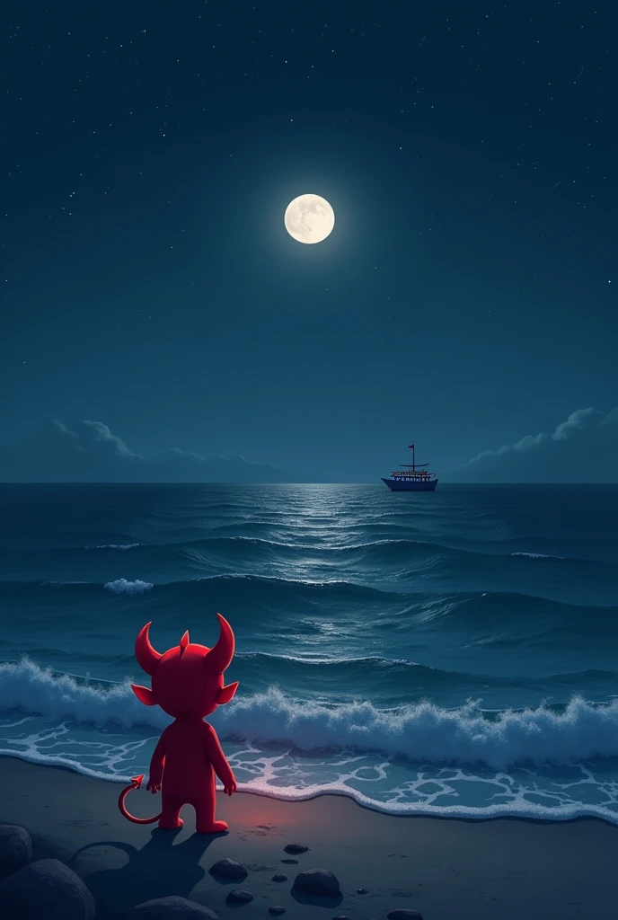 Under the dark, starry sky of a peaceful beach night, a cute red devil stands alone at the edge of the shore, gazing out at a small boat floating in the middle of the vast ocean. The devil, with tiny horns and glowing red eyes, looks longingly at the boat, its small figure illuminated by the soft, silvery light of the moon. The gentle waves lap at its feet, creating a serene yet melancholic atmosphere. The sea stretches endlessly into the horizon, with the boat appearing as a distant silhouette against the deep blue waters. The scene is depicted in hyper-realistic, ultra HD quality, with the night’s cool tones and the gentle reflections on the water captured in stunning detail."