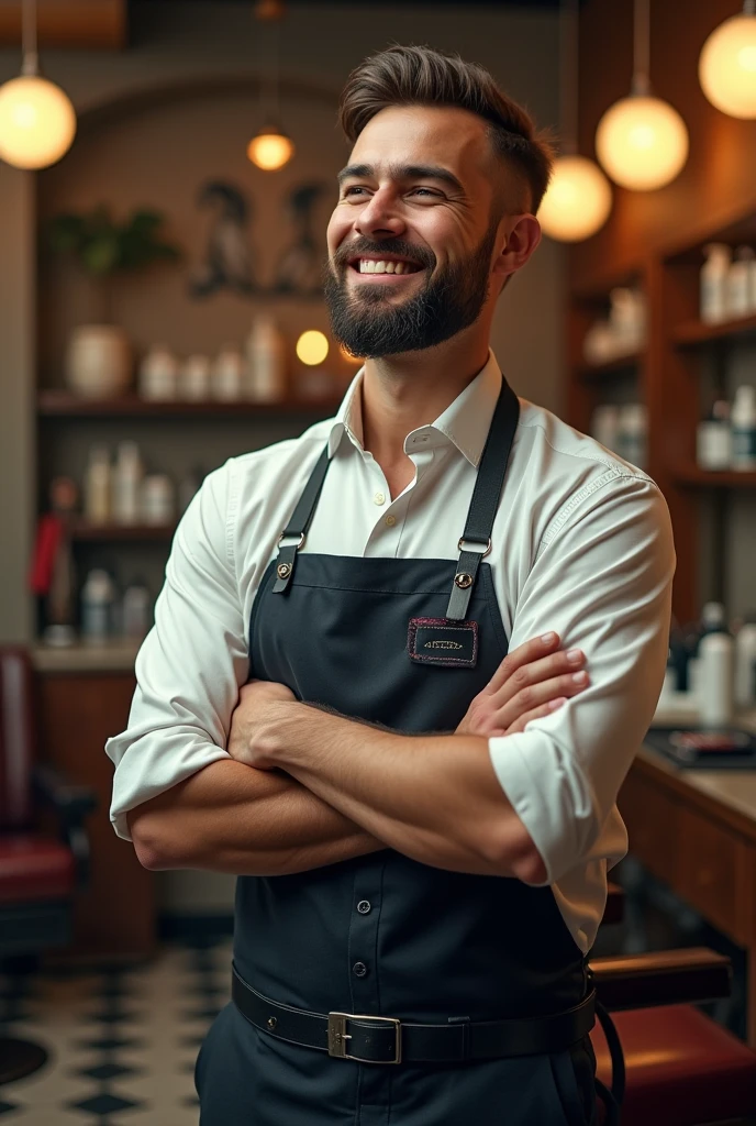 happy barber celebrating the success of his busy barber shop