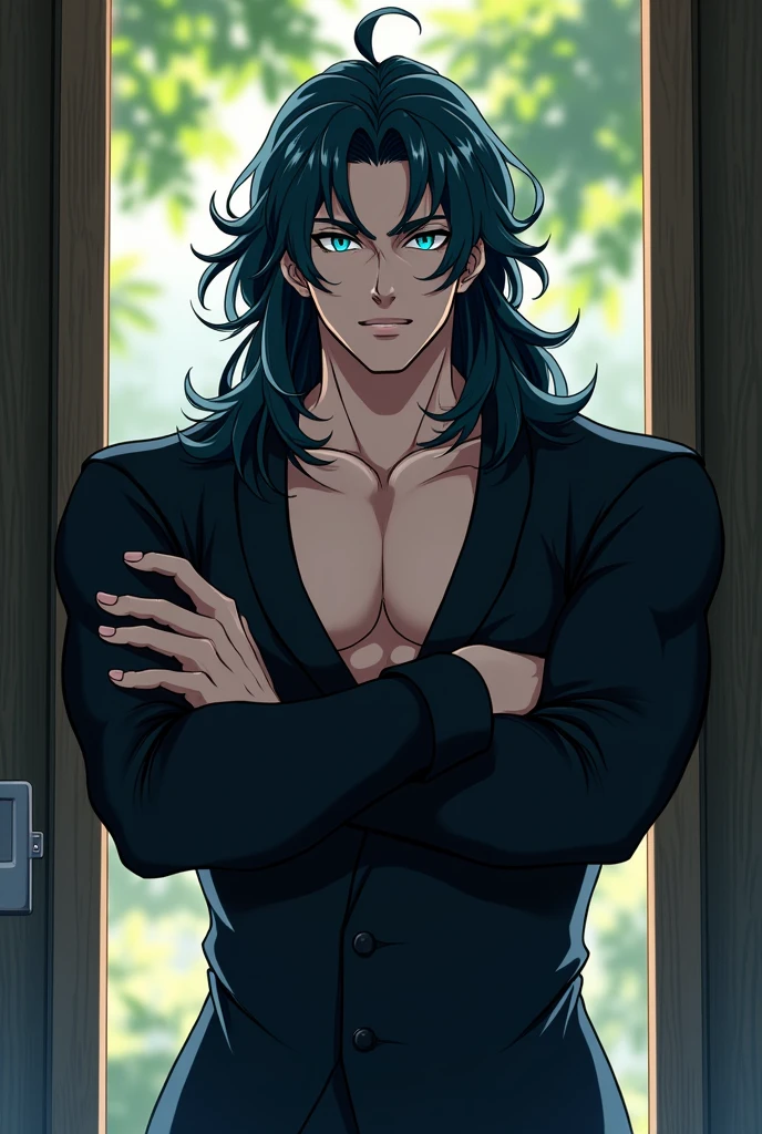 Anime cool arrogant guy, Manly face and body, water god, Black long hair with dark blue color highlights, emerald eyes, wearing black robe, in the cozy modern room, close up, leaning against the door, crossing arms against his chest, only one person. ((Anime style))