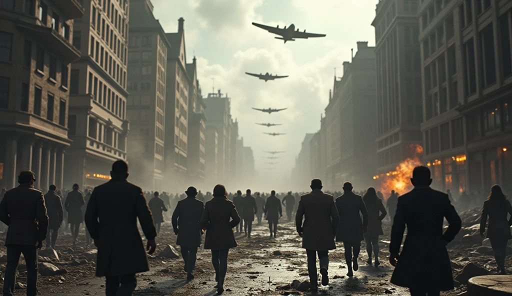 1945; (masterpiece, best quality) destroyed city (London) people running through the streets, in the background; war planes flying over the city, dropping bombs.