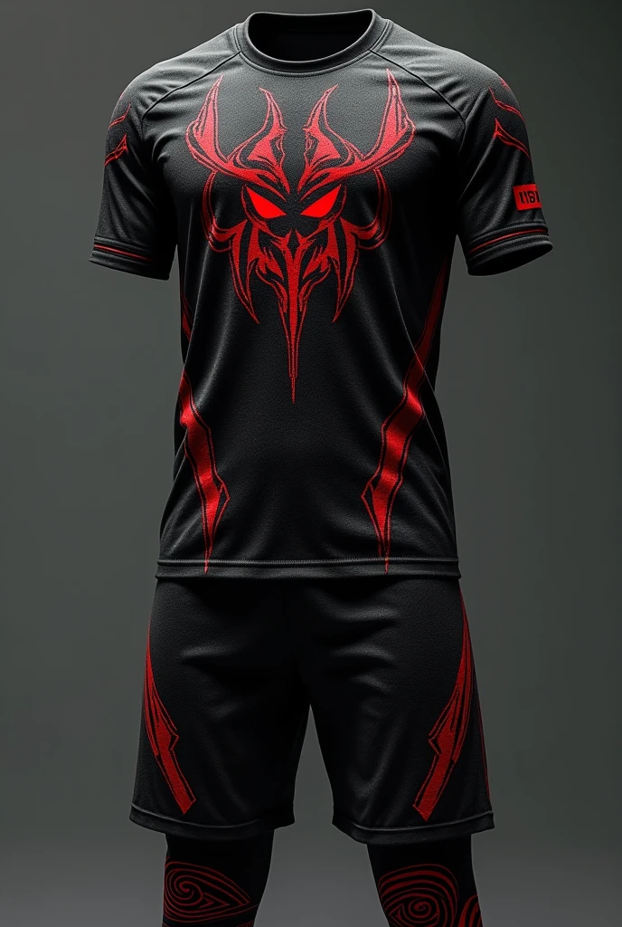 shirt: Choose a dark color like black or charcoal gray as a base, with blood red details. Uses claw graphics that appear to have torn through fabric, with shadows that give depth. In the center of the chest, Incorporates a stylized skull or a dark symbol that represents power and mystery.Shorts: Keep the same dark color, with red stripes on the sides. Add little details like glow-in-the-dark eyes or more claw marks extending from the hips to the knees..socks: Black with red spiral lines that give the illusion that something is wrapped around the legs.Additional Details: Consider wearing a design that includes elements like thorns or aggressive tribal patterns on the sleeves and sides of the pants.. The player's name and number may be in a font that resembles bloody or torn writing..