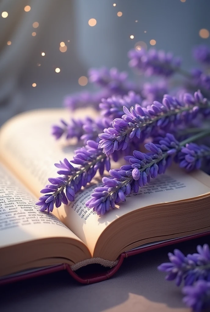 This image is、The scene shows lavender flowers placed on an open book.。The pages of the book are slightly yellowed.、I can see the letters、The details are not clear。There are faint dots of light in the background.、It creates a soft atmosphere。Lavender flowers are bright purple。Make it stylish