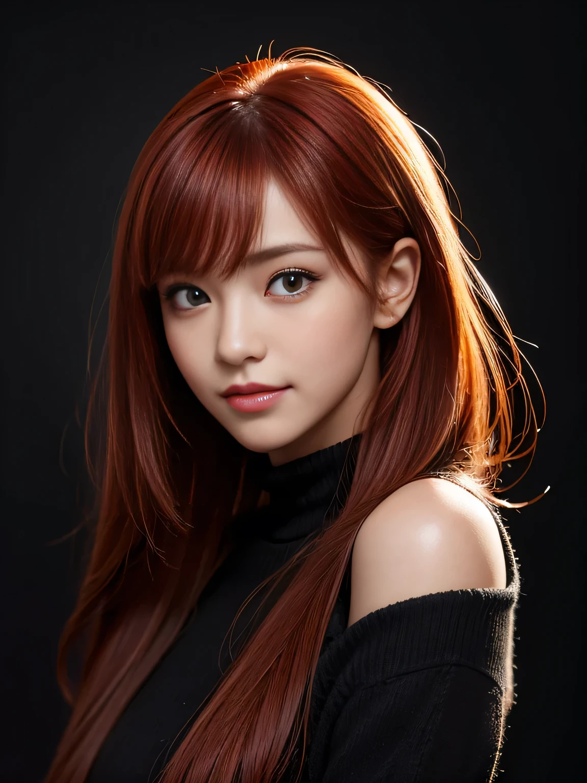 masterpiece, best quality, ultra-detailed, intricately detailed hyperdetailed, realistic, sharp features, highly detailed, sharp focus, Cute Japanese, young adult, perfect face, perfect face, perfect symmetrically perfect eyes, perfect full lips, flexible female form, hyper detailed, hyper realistic, high resolution, vibrant, dynamic studio lighting, Moody Lighting, Underexpose Lighting, ((Dark background)), (discret smile), Red hair, asymmetrical hair, asymmetrical bangs, brown Eyes, black sweater, cowboy shot,