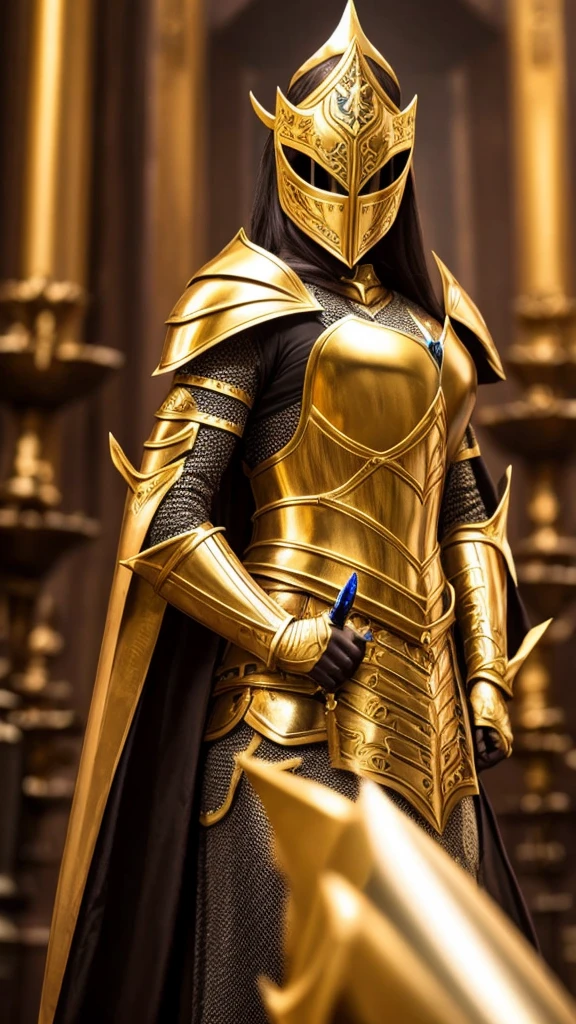 God Queen mask face  knight female sword  body gold