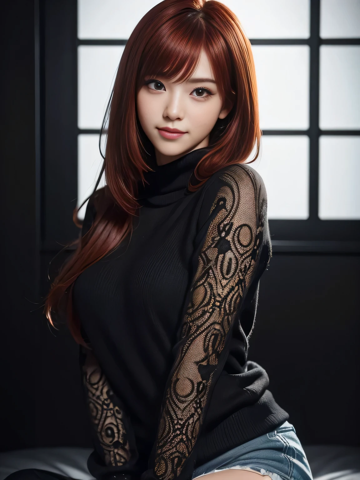 masterpiece, best quality, ultra-detailed, intricately detailed hyperdetailed, realistic, sharp features, highly detailed, sharp focus, Cute Japanese, young adult, perfect face, perfect face, perfect symmetrically perfect eyes, perfect full lips, flexible female form, hyper detailed, hyper realistic, high resolution, vibrant, dynamic studio lighting, Moody Lighting, Underexpose Lighting, ((Dark background)), (discret smile), Red hair, asymmetrical hair, asymmetrical bangs, brown Eyes, black sweater, cowboy shot,