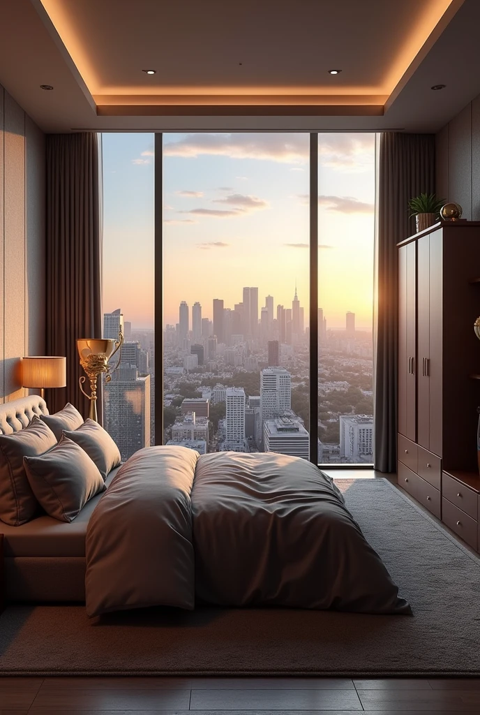 Luxurious bedroom apartment view of Los Angeles gray color king size bed wardrobe furniture trophies