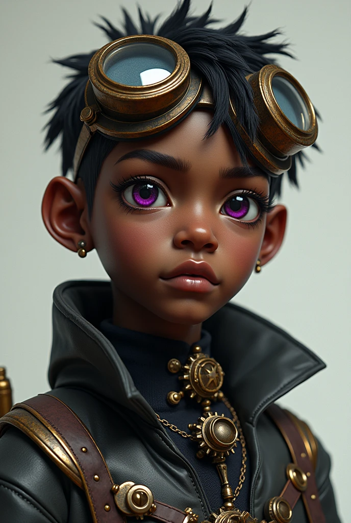 A short young African American man wearing a complete steampunk outfit, including steampunk goggles with a low-fade haircut and void purple eyes