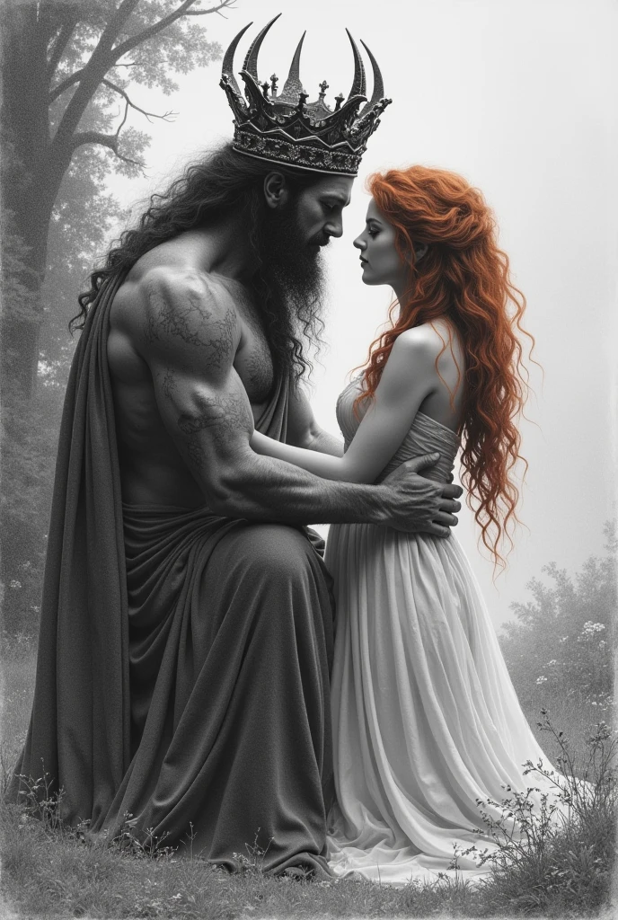 hades, god and lord of the underworld, ruler of the dead. An evil figure, Grieving, lonely and beautiful. In love with Persephone, gets down on his knees as he crawls out of the underworld and meets his beloved Persephone, red-haired goddess, captivating, bright in a garden, the mother of spring. That awaits you with open arms. hades acredita que não merece, who is not worthy of this love but, Persephone still loves him gently, mesmo ele sendo god and lord of the underworld, he sees himself as small before her, and is at the mercy of her love. It needs to be a pencil drawing., with surreal and tragic traits, an art of romantic and melancholic tragedy. That frames the feeling of guilt well, for a tragic past and in search of love without believing that he deserves this love. Make the same drawing, but with Persephone STANDING, hugging and stroking her hair, enquanto hades SE HUMILHANDO de joelhos abraça as pernas de Perséfone. And place a crown worthy of an evil emperor god on Hades&#39; head. Remembering that it is a pencil drawing