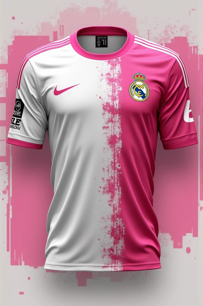 Create a football shirt with a complex 70&#39;s design% white and 30% Pink that includes logos like Nike or Adidas and has a famous team logo like Real Madrid