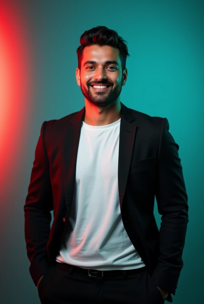 A man body weight 82 kg with dark hair and a confident smile. Litte beard, He is dressed in a black blazer over a white T-shirt. The man is positioned against aqua colour backdrop with a subtle red lighting on the left side. And he posing linkedin profile