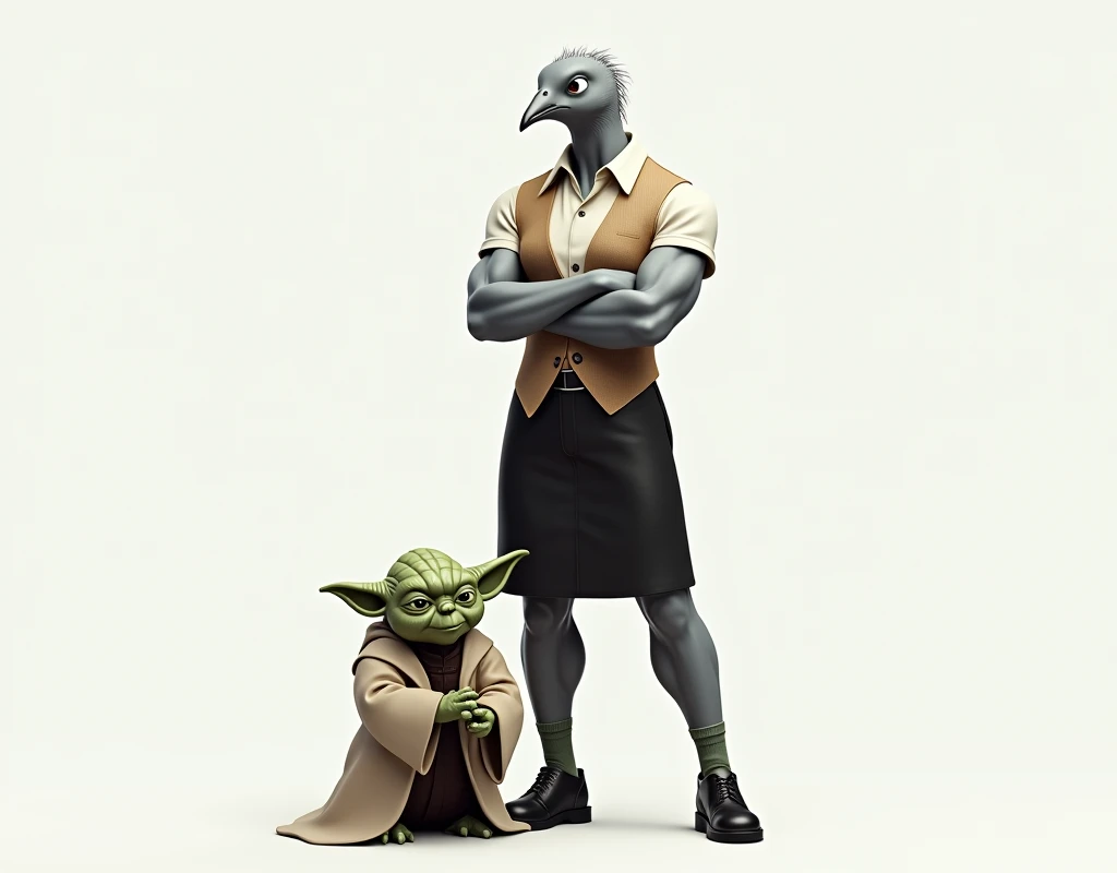 ((Highest quality)), ((masterpiece)), A gray female pigeon wearing an off-white collared short-sleeved shirt, a light brown vest, a knee-length black skirt, dark green socks and black shoes.、Muscular grey female pigeon like a bodybuilder、Arms crossed with Master Yoda、Photo-realistic images、Background is white